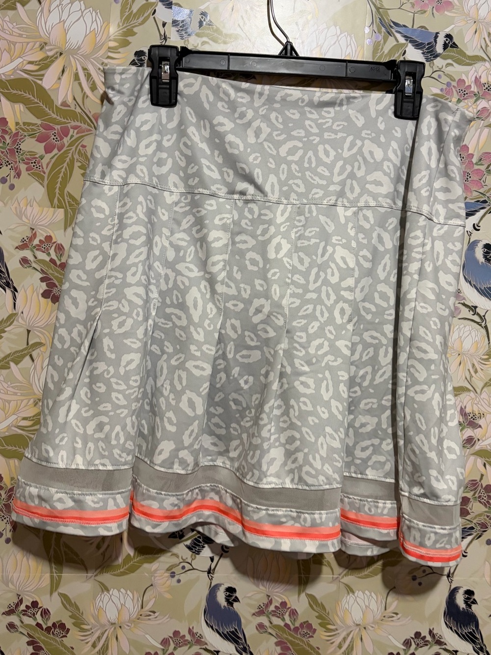 Lucky in Love Light Gray Animal-Print Skater Skirt with Neon Coral Hem Stripes